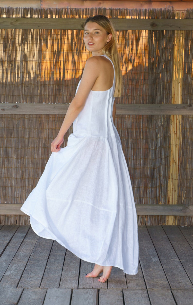 White linen maxi dress, Organic clothing, White asymmetrical linen boho dress, Summer linen dress, Avant garde clothing, Capsule wardrobe