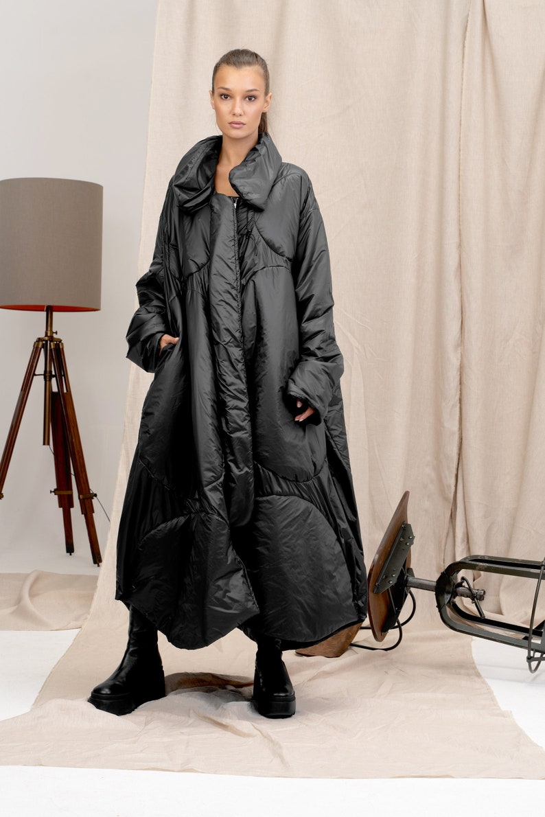 Avant garde black quilted transitional coat for women, Oversized women's puffer Jacket, Extravagant maxi coat with pockets image 1