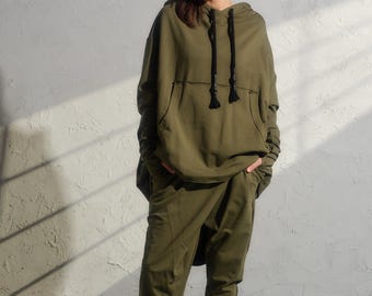 Casual organic cotton set of two - hooded asymmetrical sweatshirt and harem pants women, Plus sizes, Tracksuit set, Active and loungewear