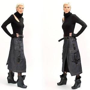 Set Denim low waisted skirt and Turtleneck black dress goth clothing for women