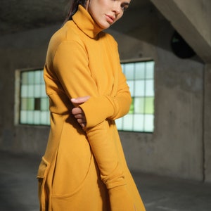 Asymmetrical set of two - cotton turtleneck top and drop crotch jumpsuit in mustard color, Organic women's plus size clothing avante garde