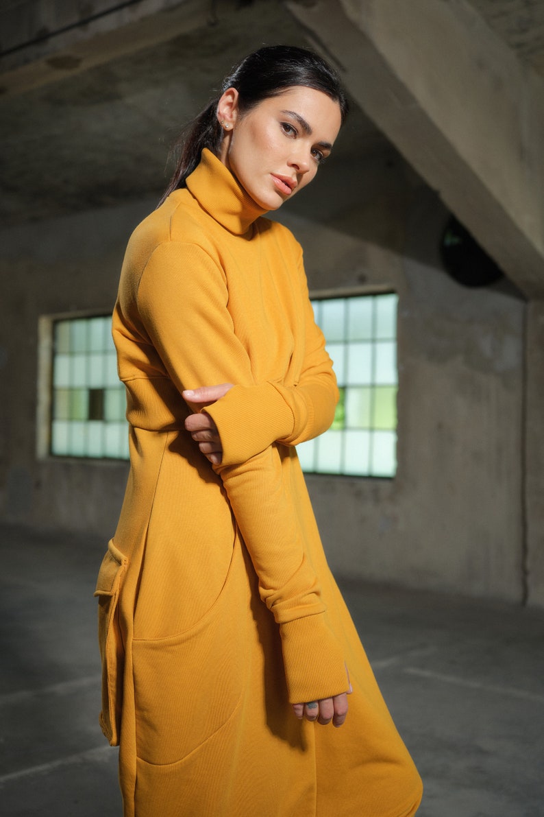 Asymmetrical set of two - cotton turtleneck top and drop crotch jumpsuit in mustard color, Organic women's plus size clothing avante garde