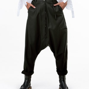 Avant garde Wool Harem Pants with Asymmetrical Details, Drop Crotch Harem Pants Women, Baggy Winter Pants