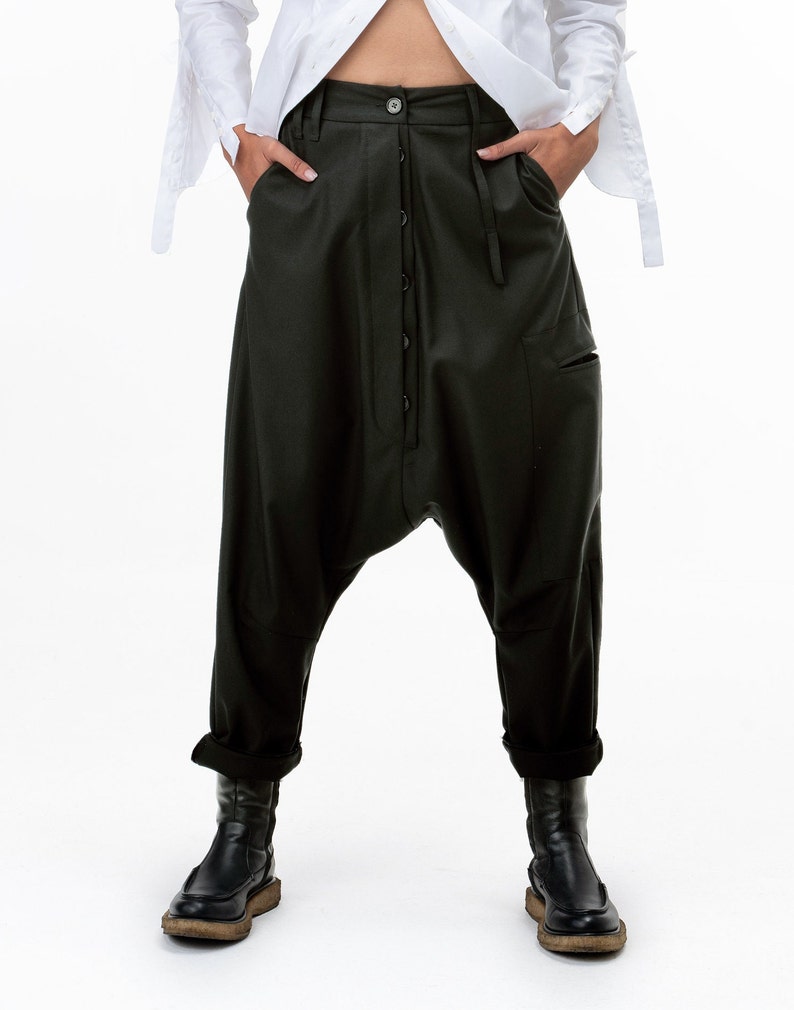 Avant garde Wool Harem Pants with Asymmetrical Details, Drop Crotch Harem Pants Women, Baggy Winter Pants