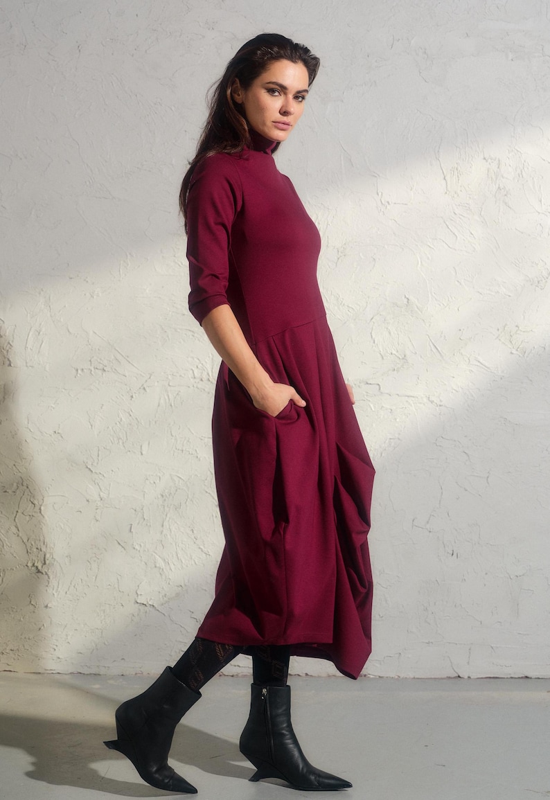 Asymmetric burgundy dress, Avant garde dress, Extravagant long viscose dress, Slow fashion, Capsule wardrobe, Sustainable clothes