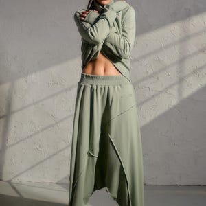 Avant garde drop crotch pants in Grean tea color, Streatwear harem pants womens, Organic cotton baggy pants, Plus sizes available