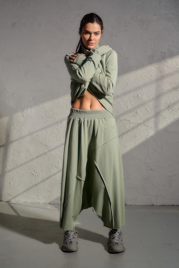 Avant garde drop crotch pants in Green tea color, Streatwear harem pants womens, Organic cotton baggy pants, Plus sizes available