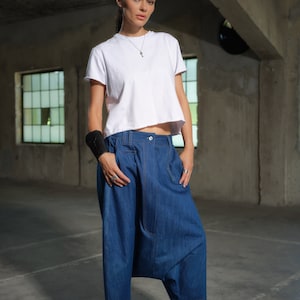 Avant garde Light Blue Denim Harem Pants with Asymmetrical Details, Drop Crotch Denim Pants Women, Baggy pants, Urban clothing