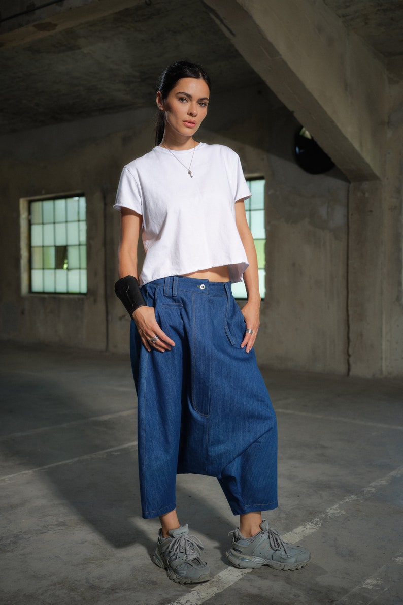 Avant garde Light Blue Denim Harem Pants with Asymmetrical Details, Drop Crotch Denim Pants Women, Baggy pants, Urban clothing