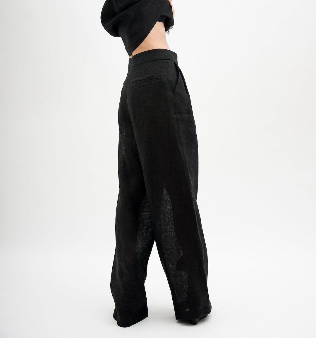 BLACK LINEN WIDE-LEG PANTS