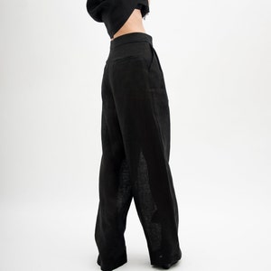 Black wide leg linen pants with pleats, high waisted pants women linen clothing, Womens wide trousers