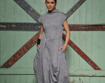 Vestido midi de lino de verano gris melange, caftán asimétrico, vestido boho de lino, ropa de lino de vestido de globo, vestido largo de lino orgánico