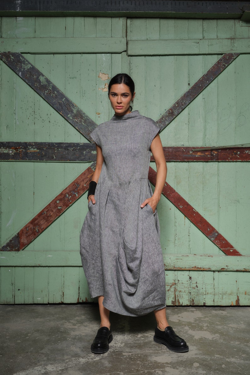 Gray melange summer linen midi dress, Asymmetrical kaftan, Linen boho dress, Balloon dress linen clothing, Long organic linen dress