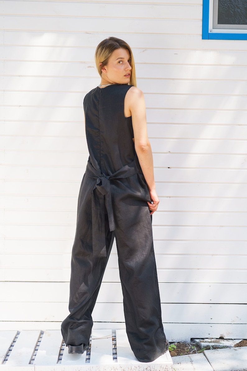 Black oversized linen jumpsuit women,  Loose overalls, Extravagant wide leg jumpsuit, Black linen overalls, Linen clothing