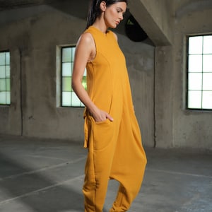 Asymmetrical set of two - cotton turtleneck top and drop crotch jumpsuit in mustard color, Organic women's plus size clothing avante garde