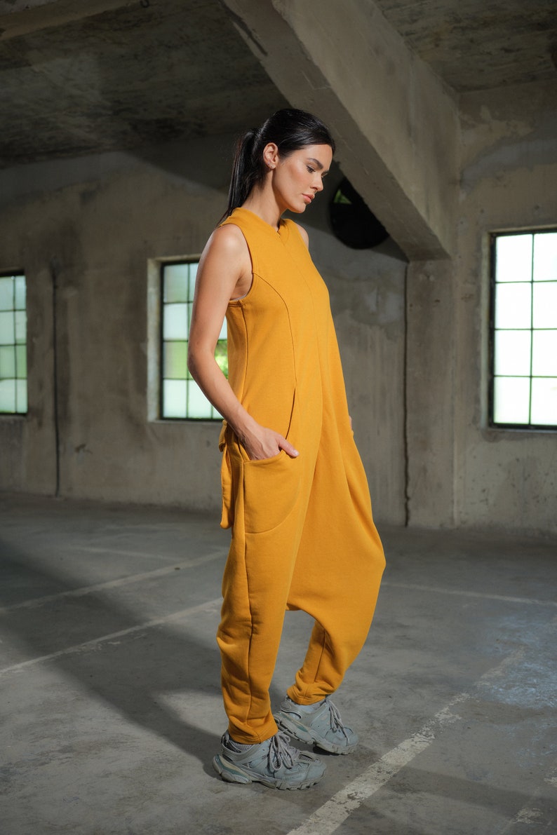 Asymmetrical set of two - cotton turtleneck top and drop crotch jumpsuit in mustard color, Organic women's plus size clothing avante garde