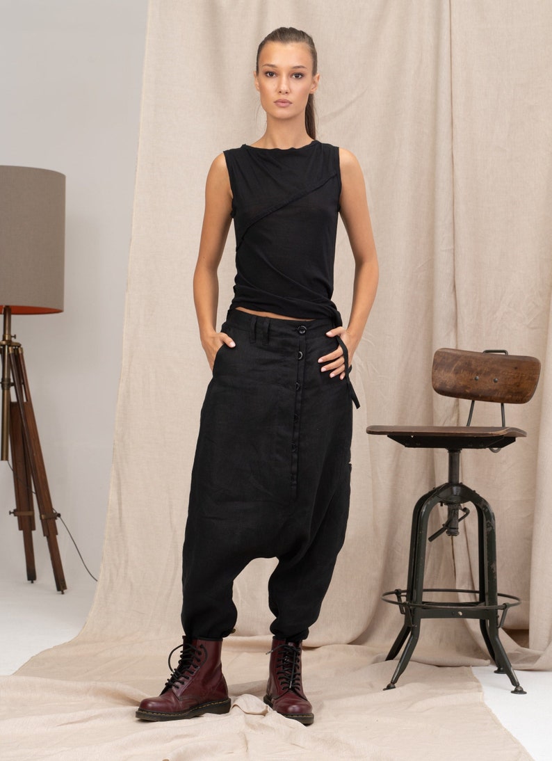 Contemporary drop crotch linen pants, Harem pants women's, Avant garde linen clothing, Linen baggy pants women image 3