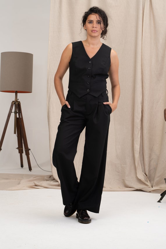 Black wide leg long wool pants women 4555 Black wide leg long wool pants women 4555