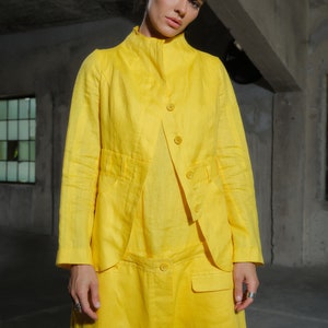 Avant garde linen blazer with buttons, Yellow linen jacket womens linen clothing, Avant garde summer blazer, Plus sizes available