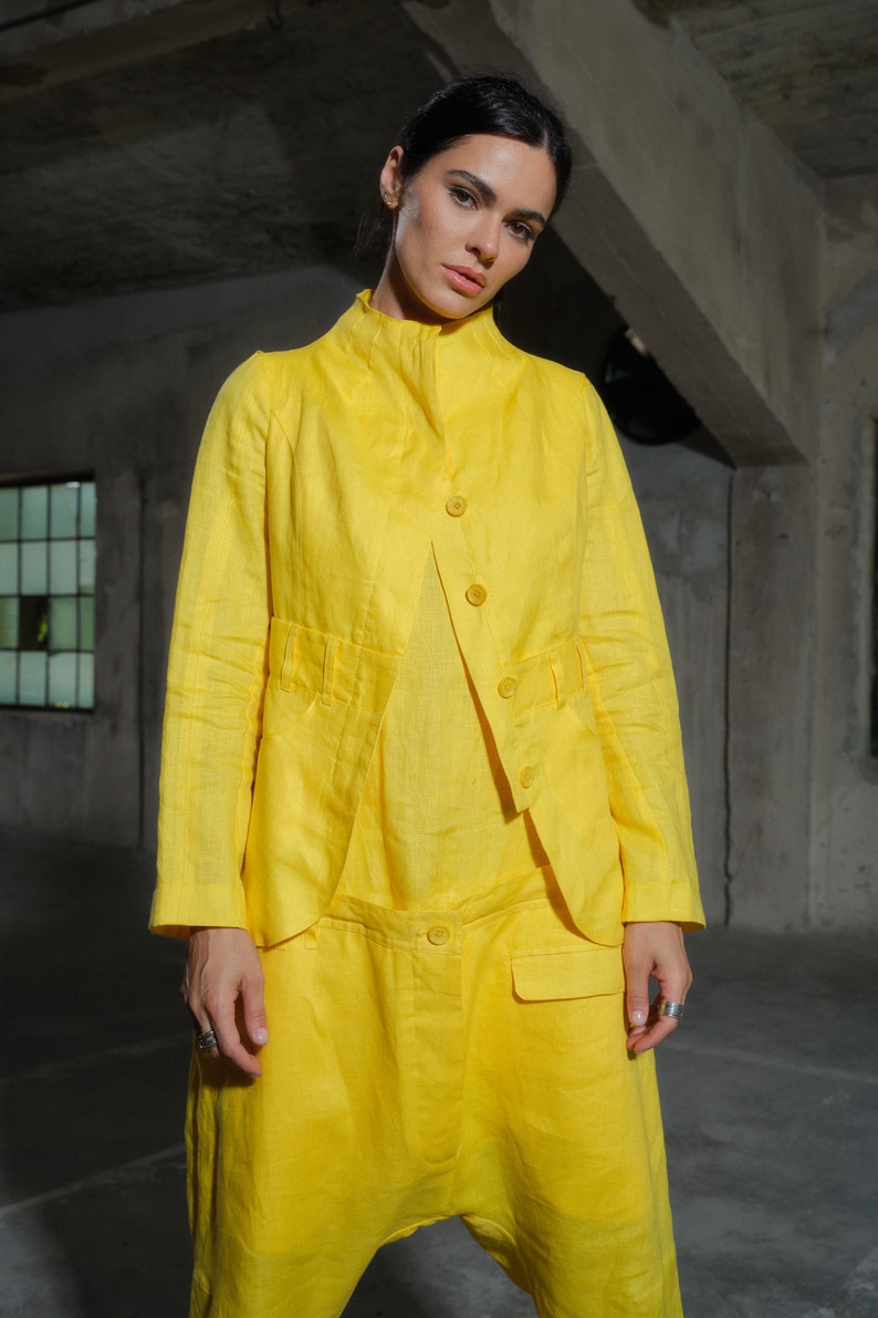 Avant garde linen blazer with buttons, Yellow linen jacket womens linen clothing, Avant garde summer blazer, Plus sizes available