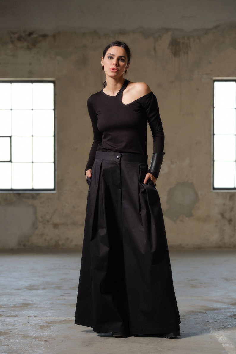 Black cotton skirt pants, Wide leg palazzo pants women organic clothing, Extravagant black pants with pleats women, Slow fashion image 3