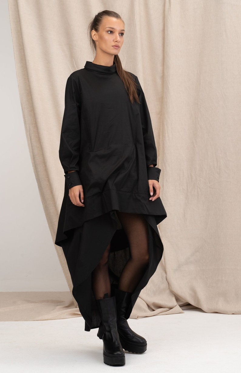 Black Asymmetrical Cotton Dress, Oversize Loose Dress, Plus Size Maxi Dress, Cotton Dress, Extravagant Long Dress 画像 1