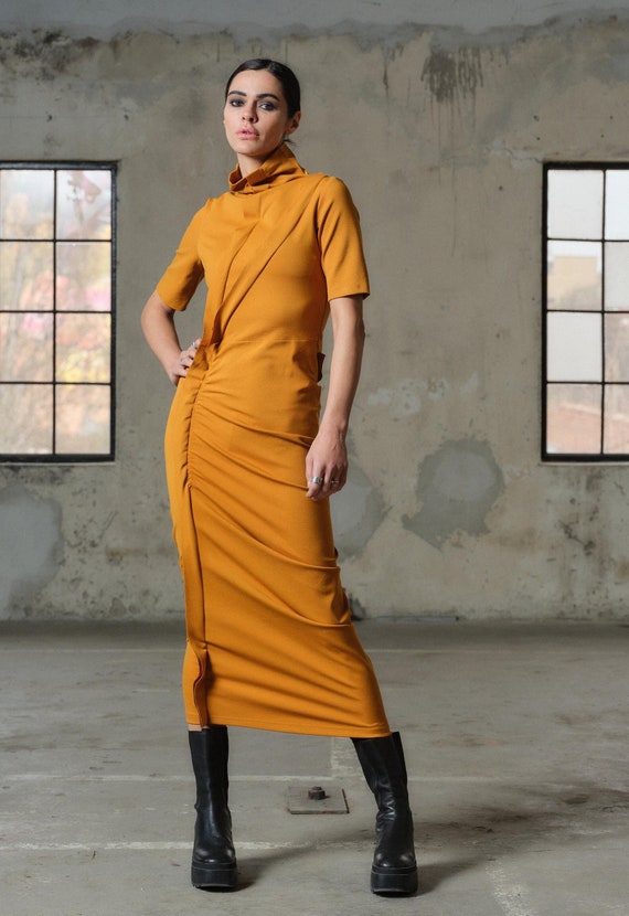 Asymmetrical Viscose Maxi Dress, Avant Garde Mustard Clothing