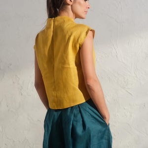 Summer linen top in mustard color, Avant garde clothing, Organic sleeveless linen blouse, Womens boho linen top, Plus sizes available