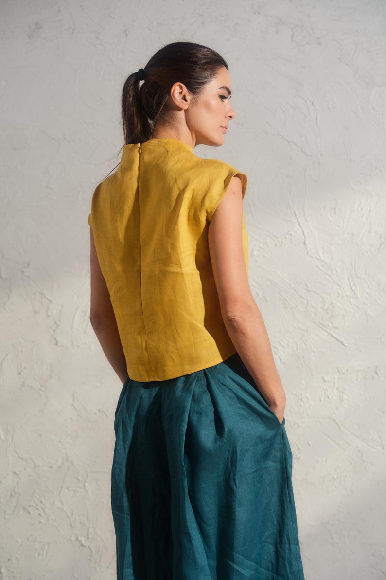 Summer linen top in mustard color, Avant garde clothing, Organic sleeveless linen blouse, Womens boho linen top, Plus sizes available