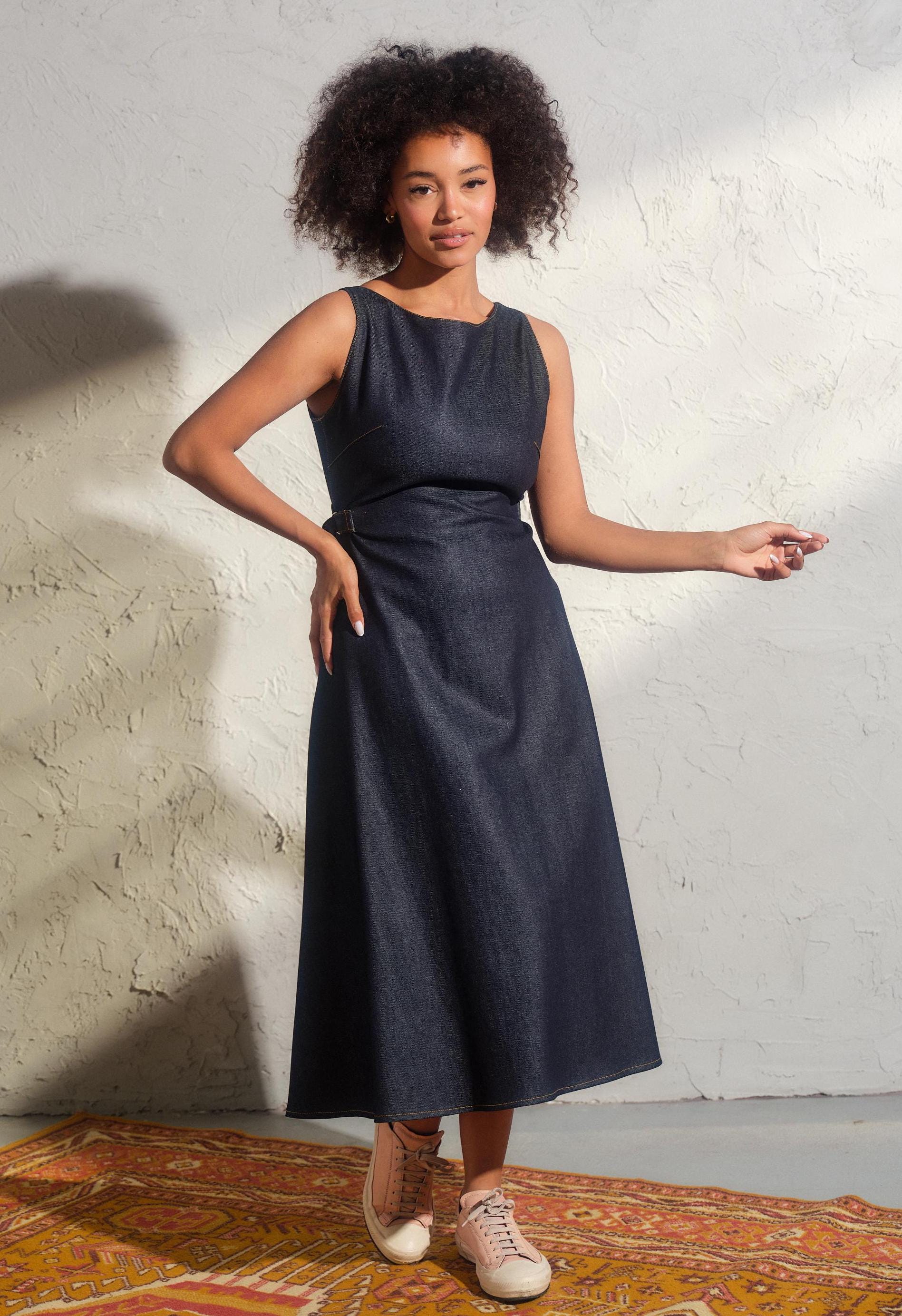 Denim Midi Dress, Jean Dress With Open Back, Elegant Long