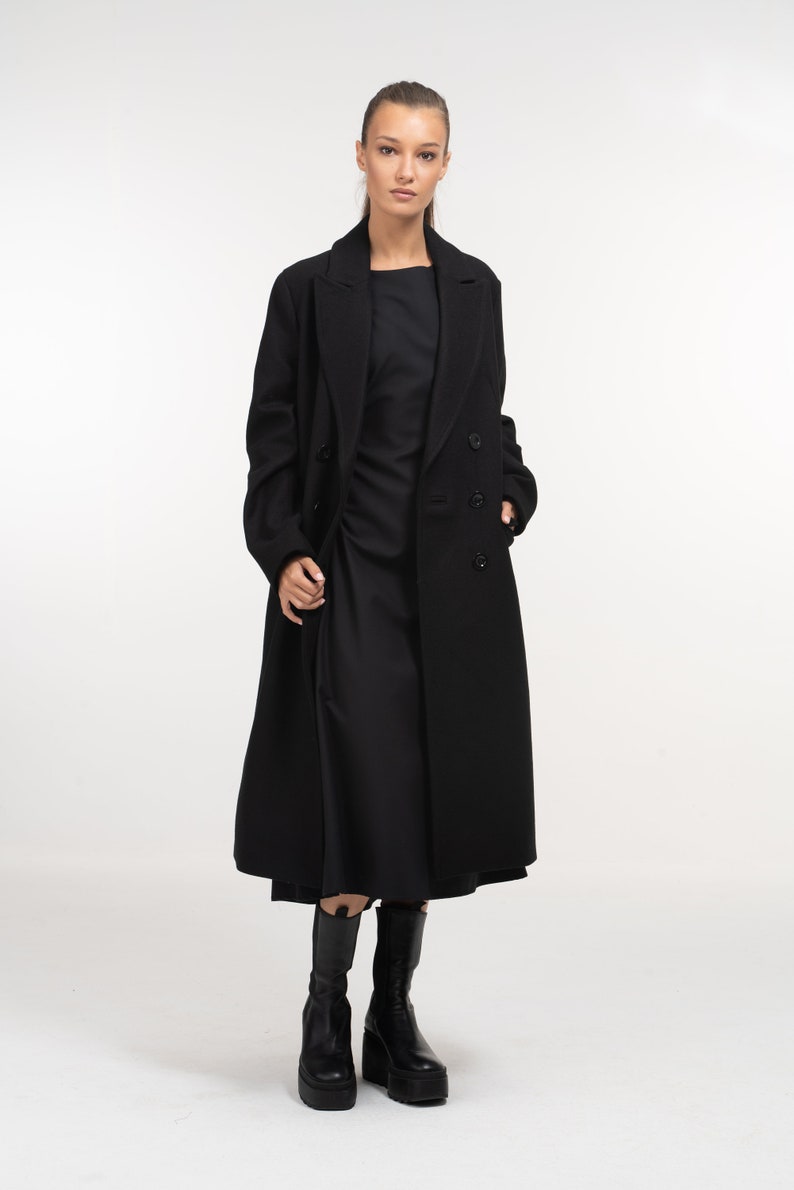 Long Black Double Breasted Wool Coat for Women, Oversized Winter Coat Womens, Winter Wool Cashmere Trench for Women