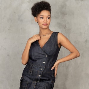 Denim cargo dress, Asymmetrical denim dress, Utility dress cargo pockets dress, Structured denim dress