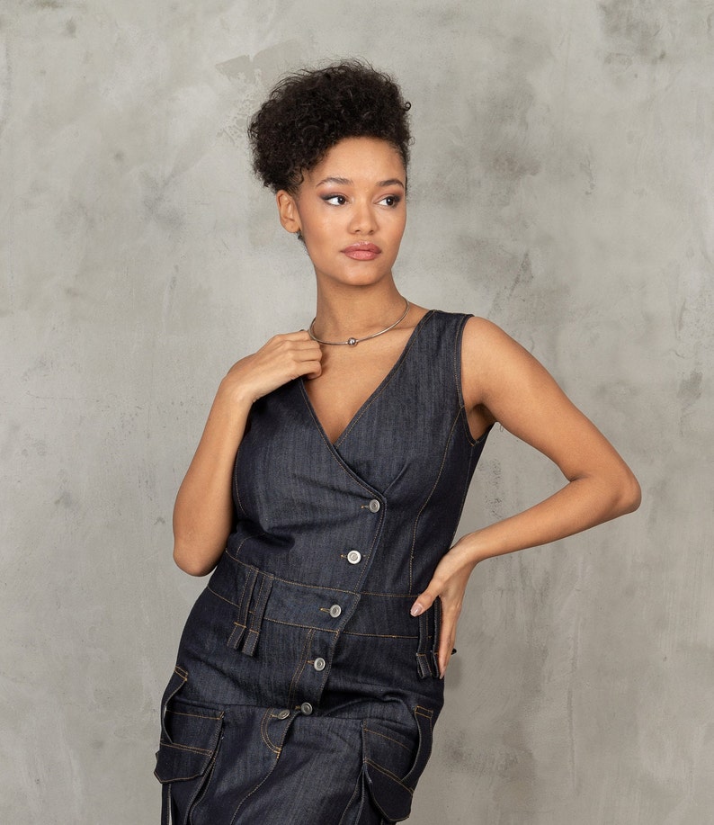 Denim cargo dress, Asymmetrical denim dress, Utility dress cargo pockets dress, Structured denim dress
