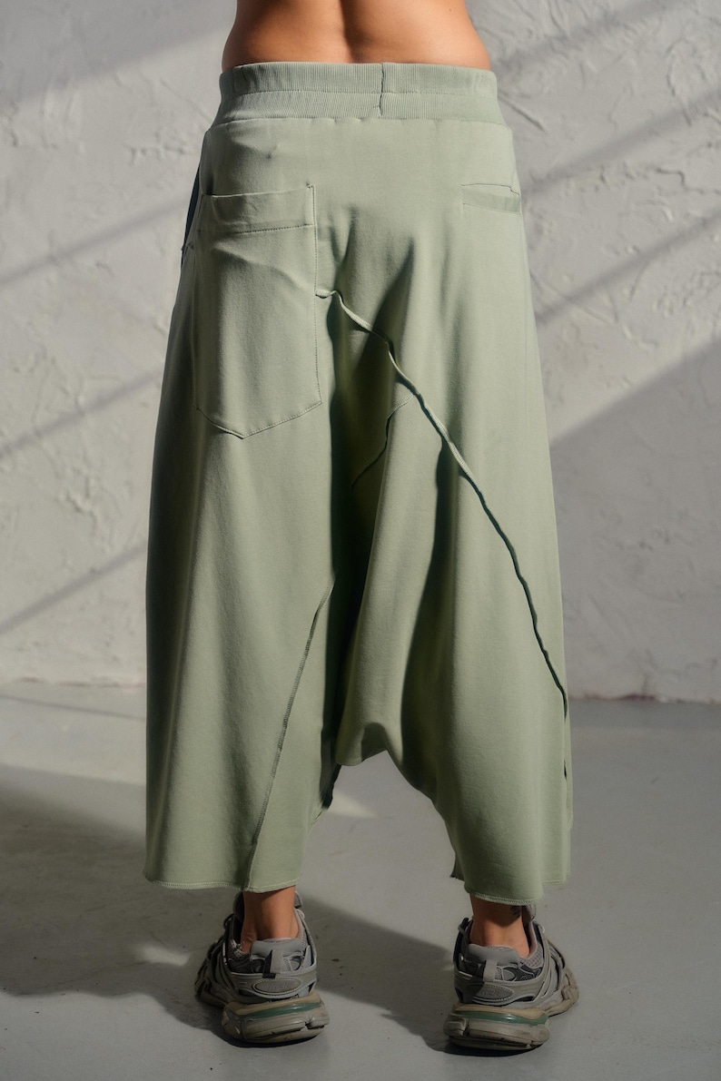 Avant garde drop crotch pants in Grean tea color, Streatwear harem pants womens, Organic cotton baggy pants, Plus sizes available