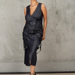 Denim cargo dress, Asymmetrical denim dress, Utility dress cargo pockets dress, Structured denim dress
