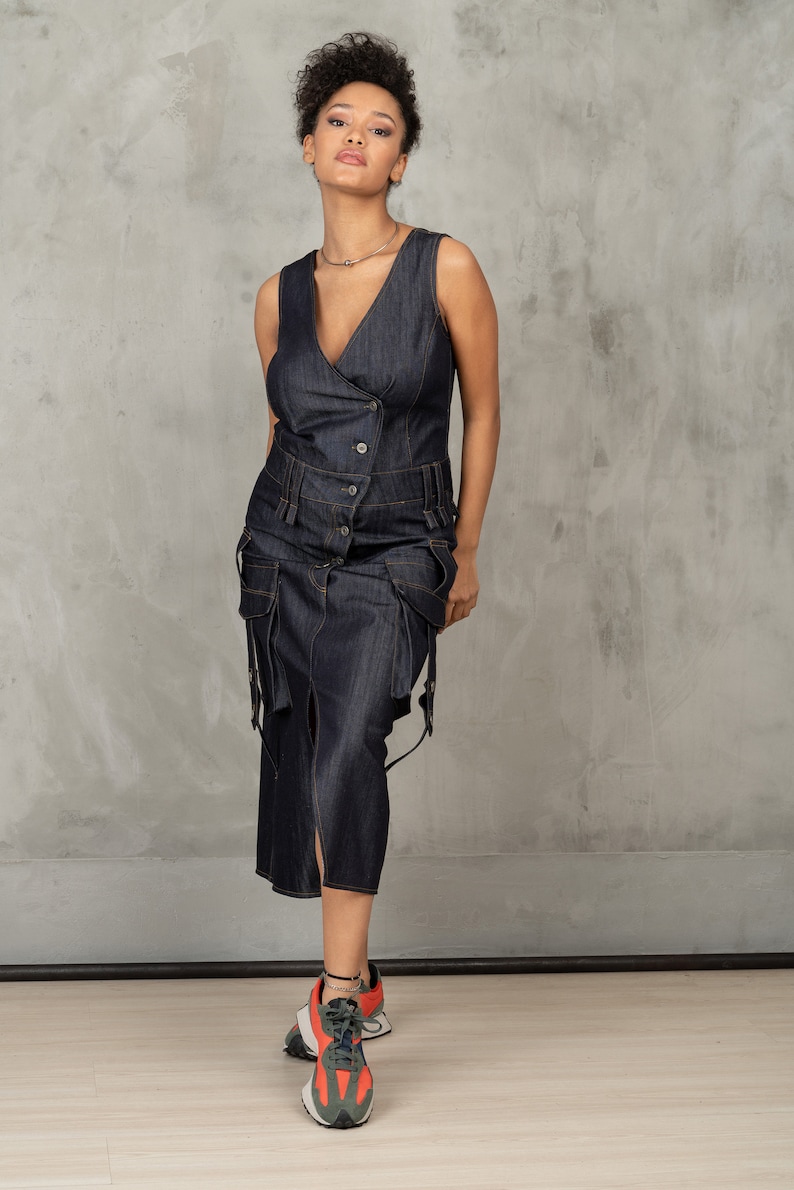 Denim cargo dress, Asymmetrical denim dress, Utility dress cargo pockets dress, Structured denim dress