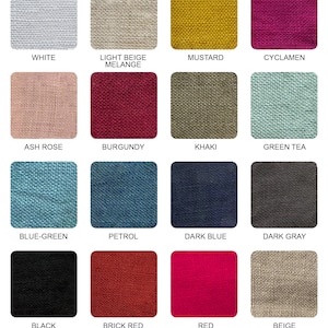 Puede incluir: Carta de colores que muestra 16 muestras de tela diferentes. Las muestras est&aacute;n dispuestas en cuatro filas de cuatro. Los colores incluyen blanco, beige claro melange, mostaza, ciclamen, rosa ceniza, burdeos, caqui, t&eacute; verde, azul verdoso, petr&oacute;leo, azul oscuro, gris oscuro, negro, rojo ladrillo, rojo y beige.
