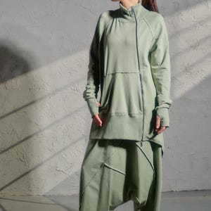 Avant garde drop crotch pants in Grean tea color, Streatwear harem pants womens, Organic cotton baggy pants, Plus sizes available