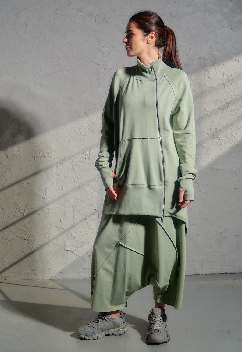 Avant garde drop crotch pants in Grean tea color, Streatwear harem pants womens, Organic cotton baggy pants, Plus sizes available