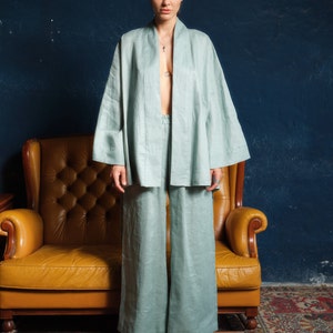 Wide leg linen pants women, Linen clothing, Green tea palazzo pants, Summer boho pants, Plus sizes available, Organic clothing, Slow fashion