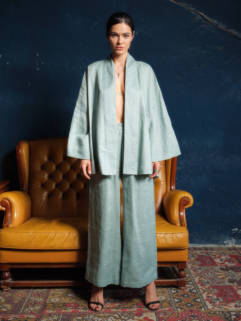 Wide leg linen pants women, Linen clothing, Green tea palazzo pants, Summer boho pants, Plus sizes available, Organic clothing, Slow fashion