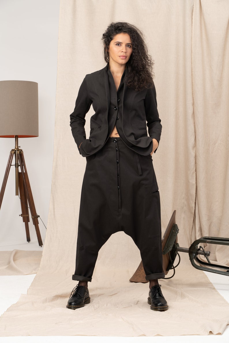 Avant garde Denim Harem Pants with Asymmetrical Details, Drop Crotch Pants Women