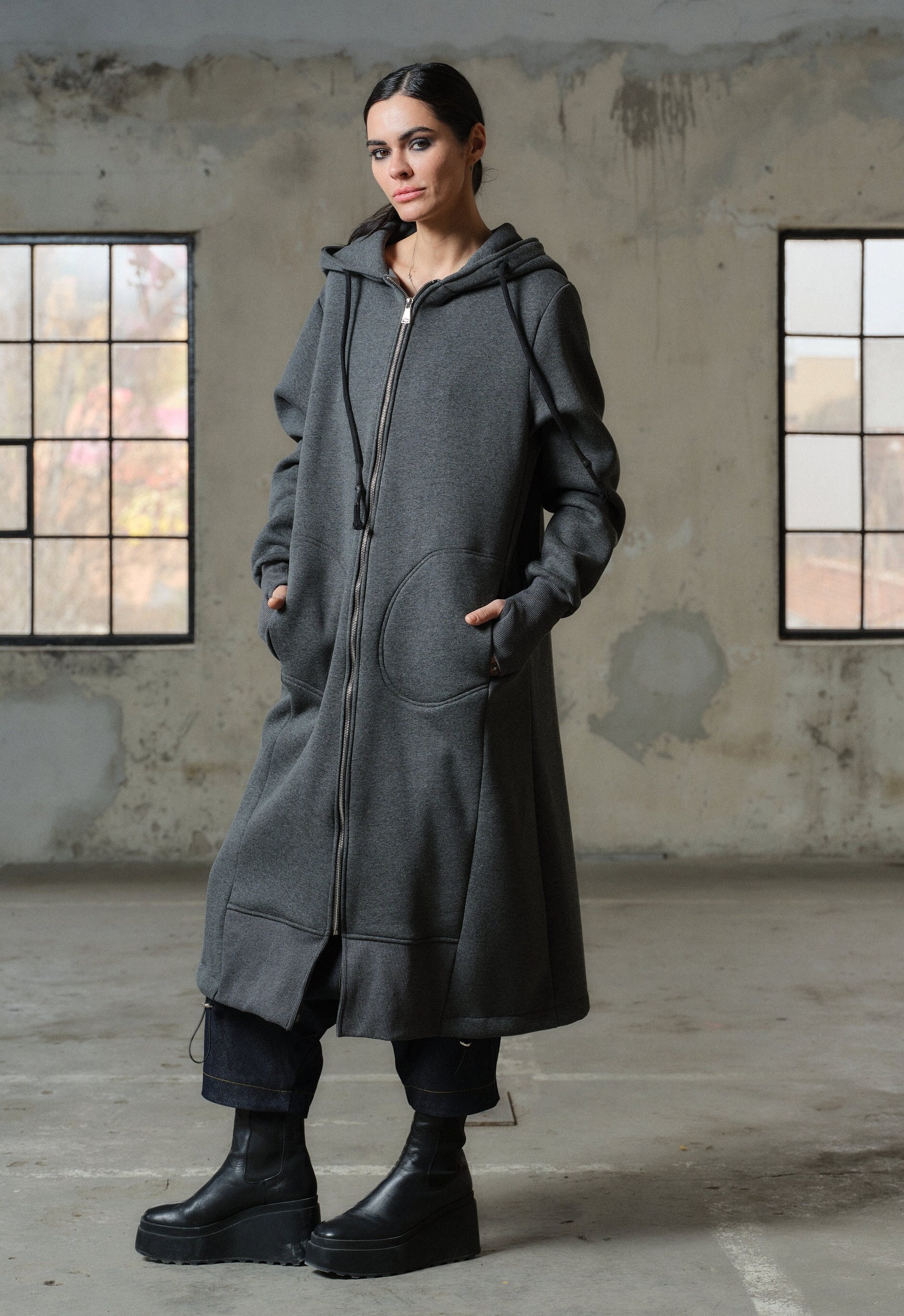 Oversized Quilted Organic Cotton Maxi Hoodie, Dark Gray Jacket - Etsy