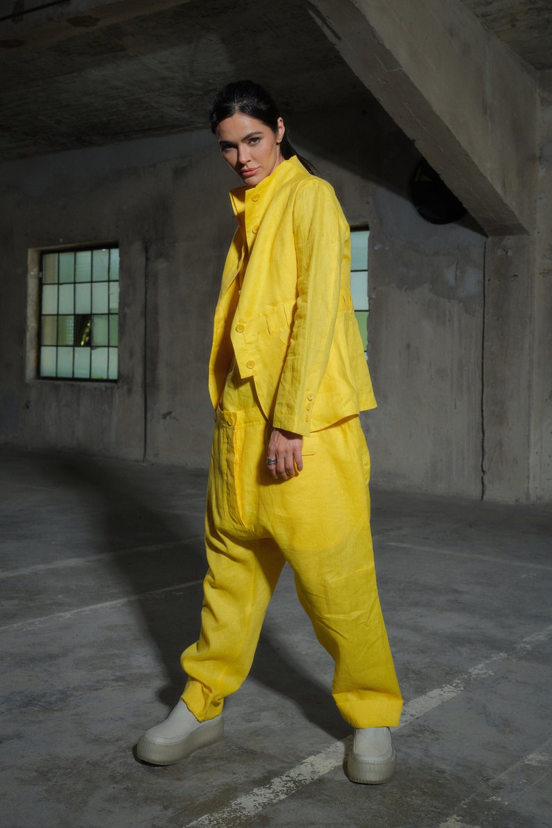 Blazer en lin avant-gardiste avec boutons, veste en lin jaune vêtements en lin pour femmes, blazer dété avant-garde, tailles Plus disponibles image 1