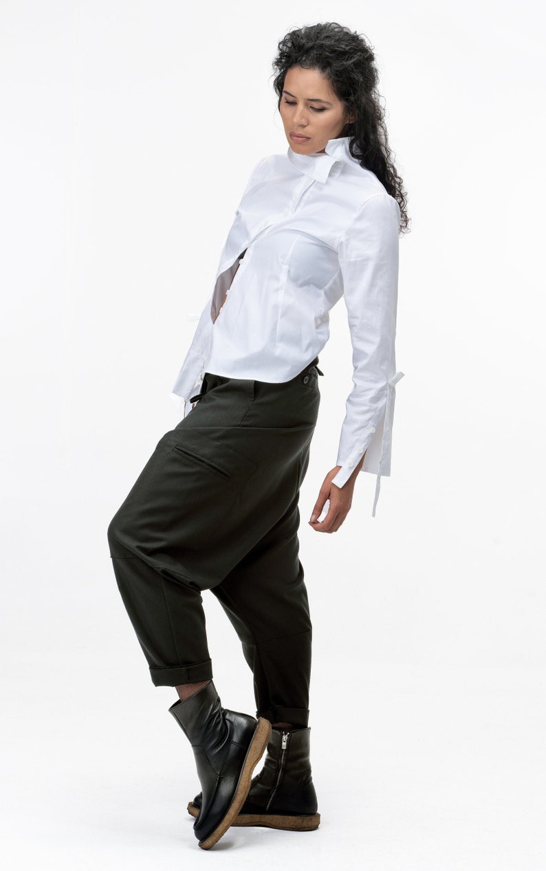 Avant garde Wool Harem Pants with Asymmetrical Details, Drop Crotch Harem Pants Women, Baggy Winter Pants