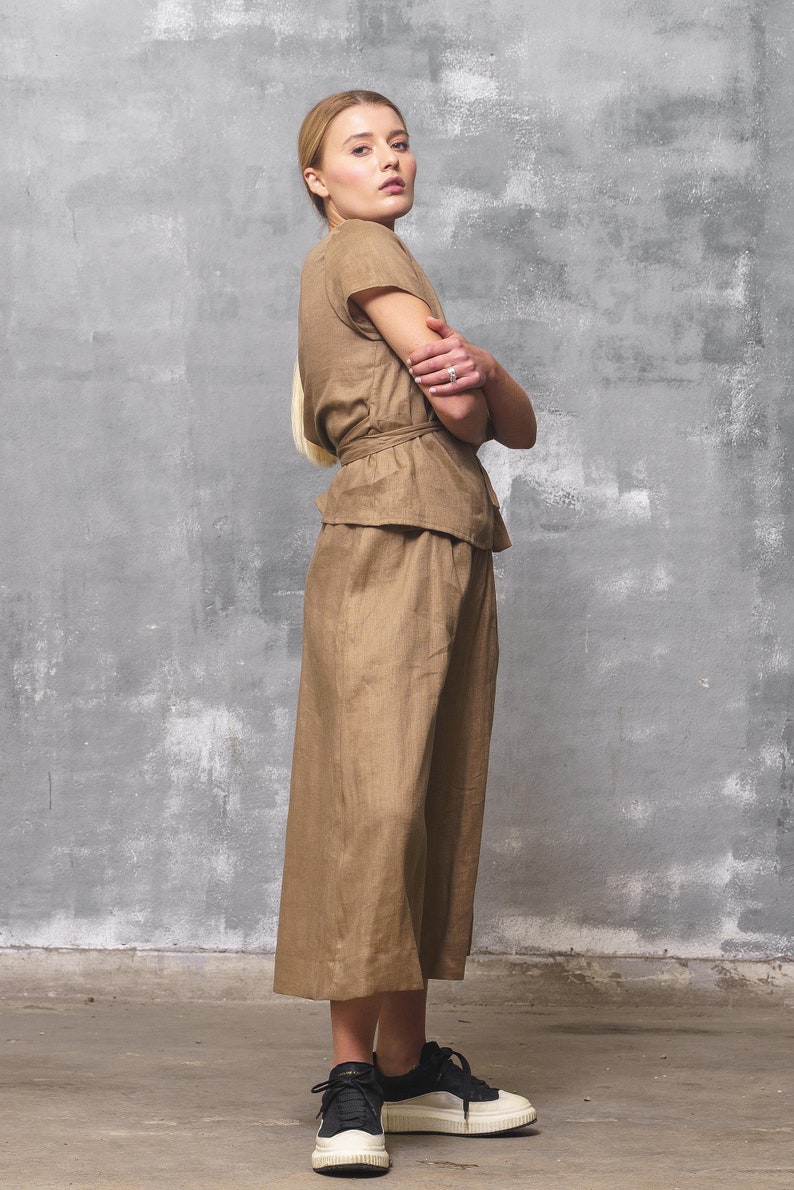 Beige wide leg linen pants women, Linen plus size midi pants linen clothing, Skirt pants women image 5