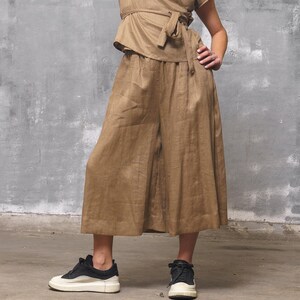 Beige wide leg linen pants women, Linen plus size midi pants linen clothing, Skirt pants women image 2