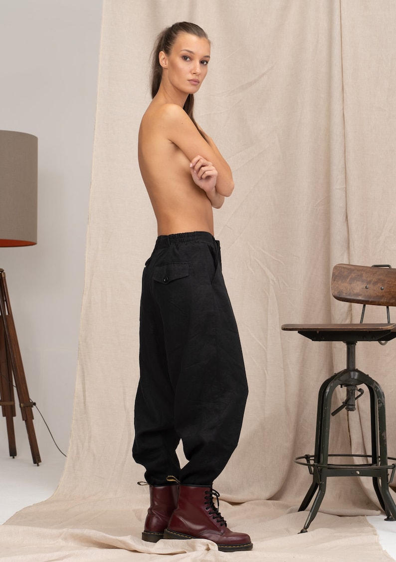 Zeitgenössische Leinenhose mit tiefem Schritt, Haremshose Damen, Avantgarde Leinenhose, Leinen Baggyhose Bild 6