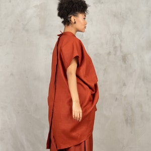 Brick red linen tunic, Womens linen top avant garde clothing, Linen shirt women, Plus size tunic top, Asymmetric kaftan, plus size shirt image 3