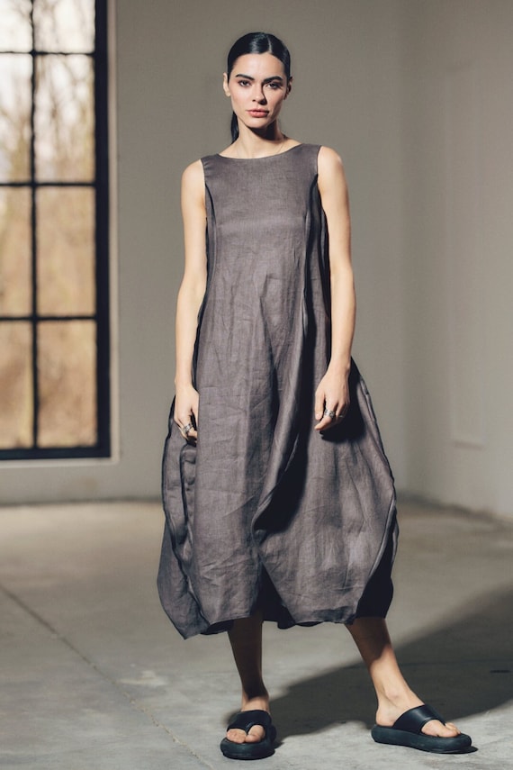Dark Grey Avant Garde Linen Dress, Linen Clothing Women, Summer Midi  Balloon Dress, Boho Bubble Linen Dress, Plus Sizes, Organic Linen Dress -  Etsy